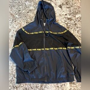 PINK Victoria's Secret Black Gold Logo Zip Mesh Hooded Windbreaker Jacket XS